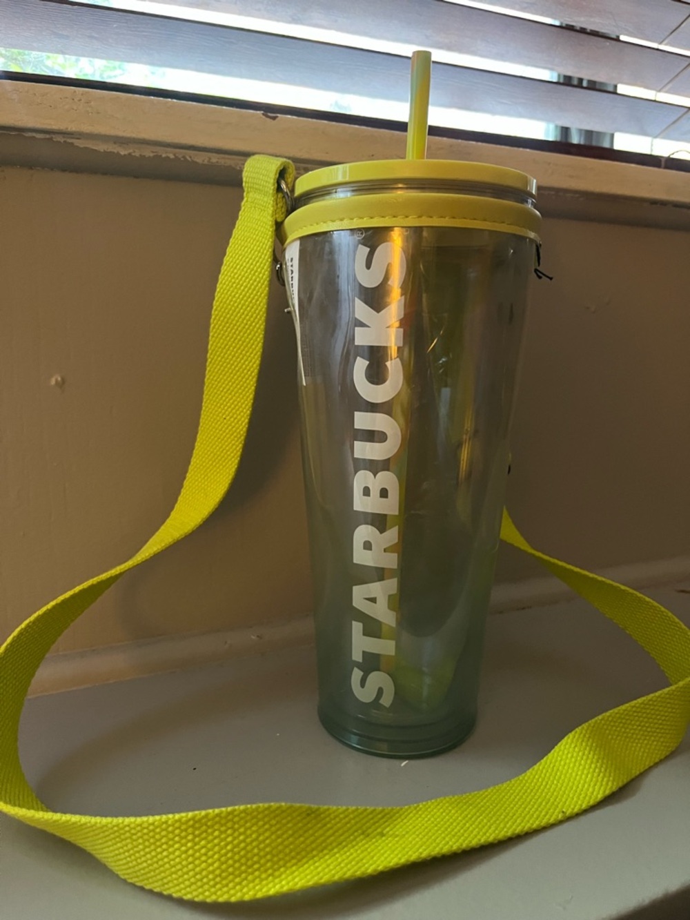 Starbucks Neon Yellow Tumbler With Strap Clear Travel Cup Crossbody 24oz Venti